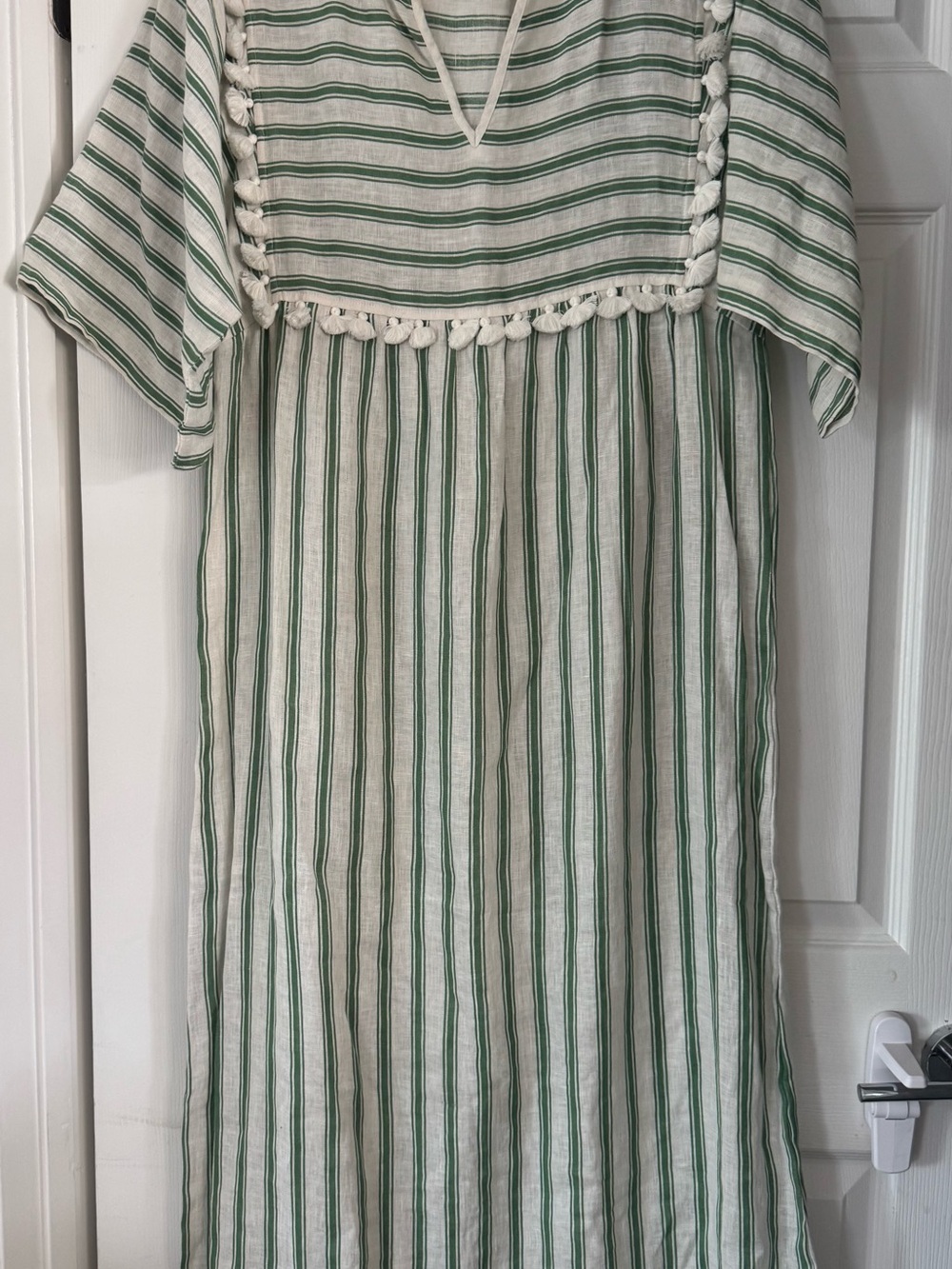 Tory Burch Green and White Striped Cotton Girls Dress with Pom Trim